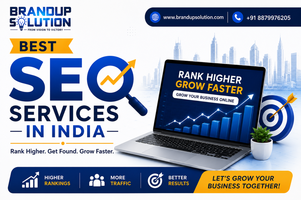 Brandup Solution Best SEO Services in India banner showcasing search engine optimization, higher Google rankings, increased website traffic, business growth, and SEO performance dashboard.