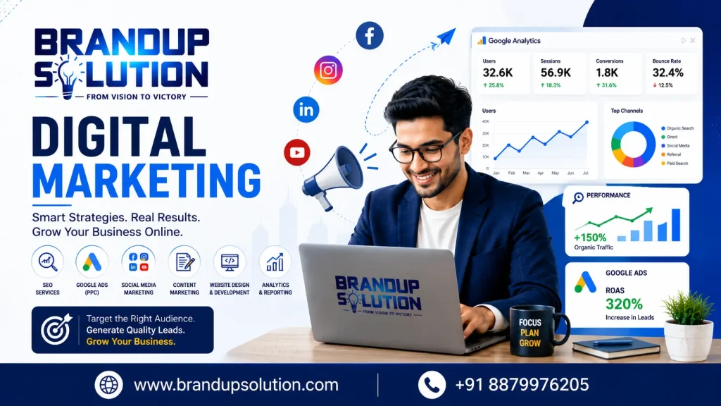 Business owner using laptop with Google Analytics dashboard, social media icons, SEO charts, and online advertising graphics.