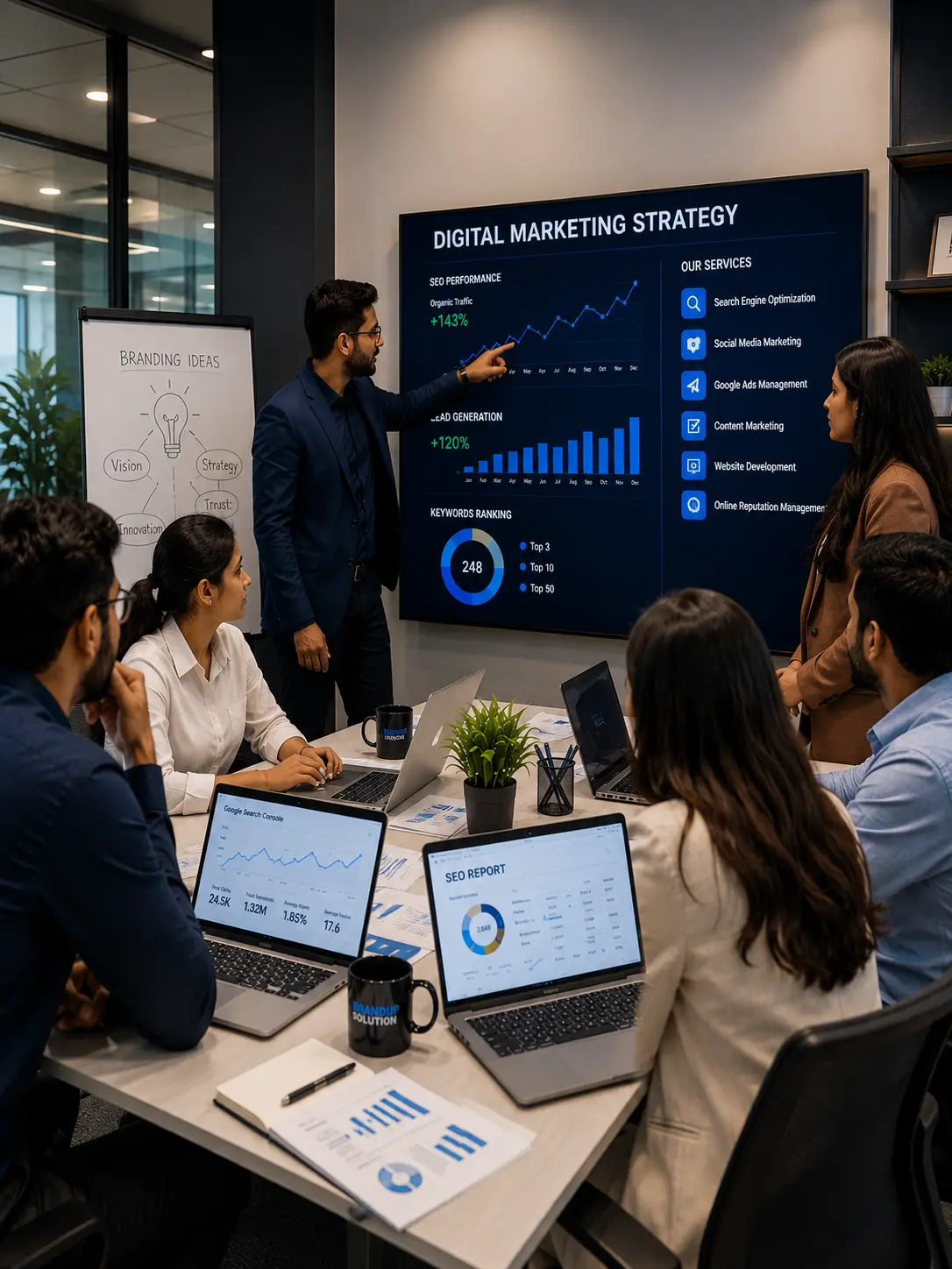 Brandup Solution team discussing SEO and digital marketing strategies.