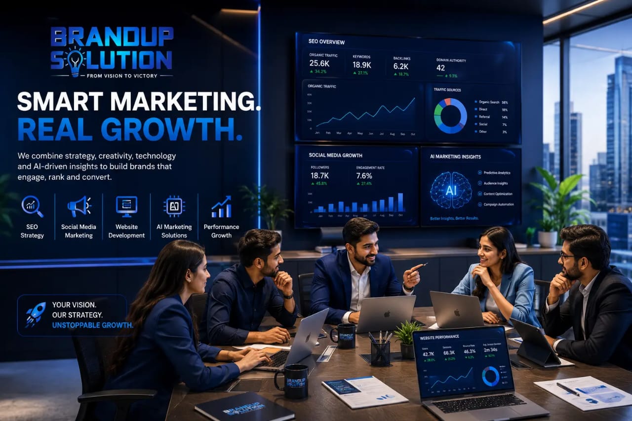 BrandUp Solution digital marketing team planning SEO, website development, AI marketing, and business growth strategies.